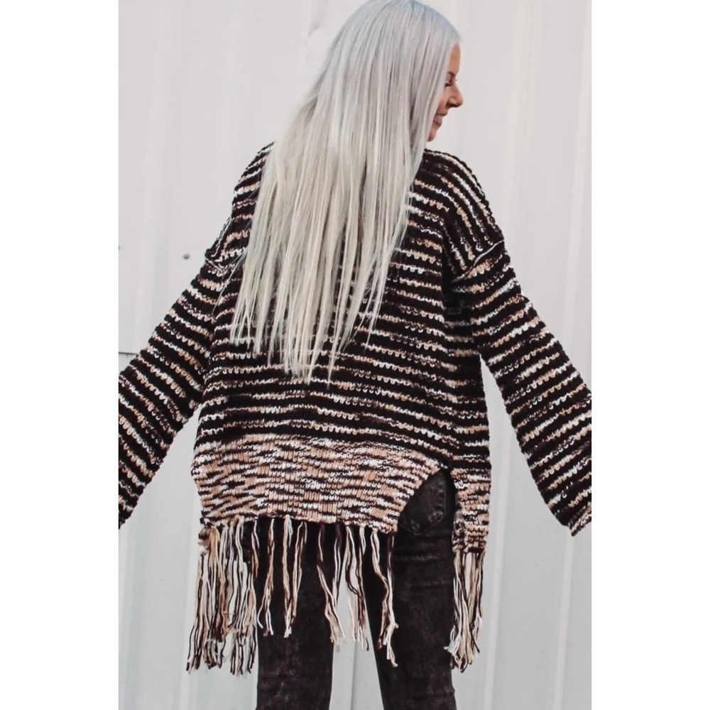 POL Beige Tan Cream Shawl Collar Cardigan with Fringe | Oversized Boho Knit - Picture 5 of 10